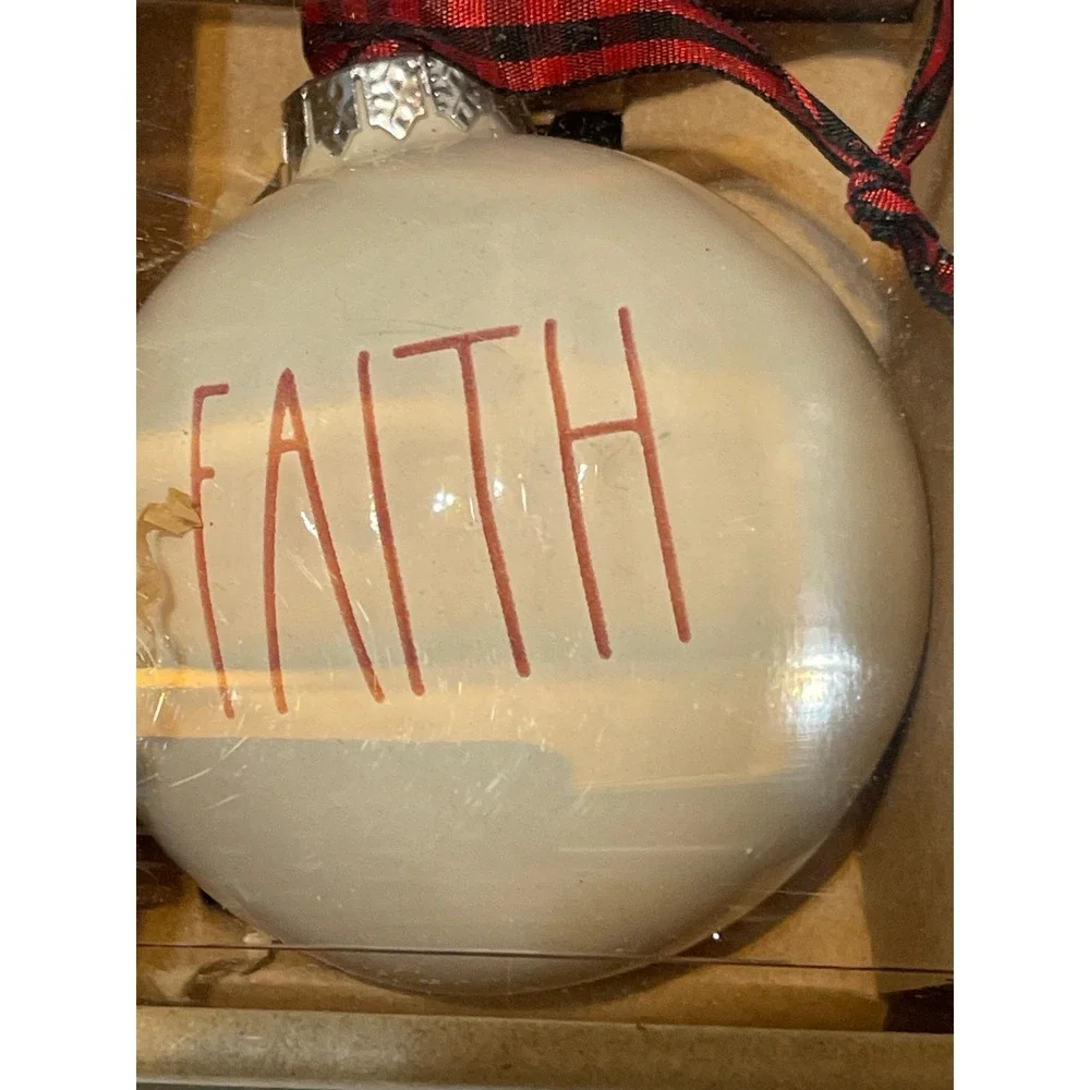 Rae Dunn Christmas Ornaments 3 Pc. Amen Faith Love Ceramic Buffalo‎ Plaid Ribbon
